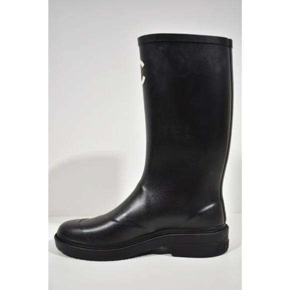 Chanel 22K Black White Caoutchouc CC Logo High Pull On Rubber Rain Boots 42 - Picture 10 of 12